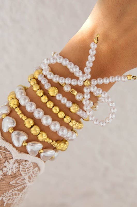 MULTILAYER BALL CHAIN BEAD PEARL BOW BRACELET: GOLD