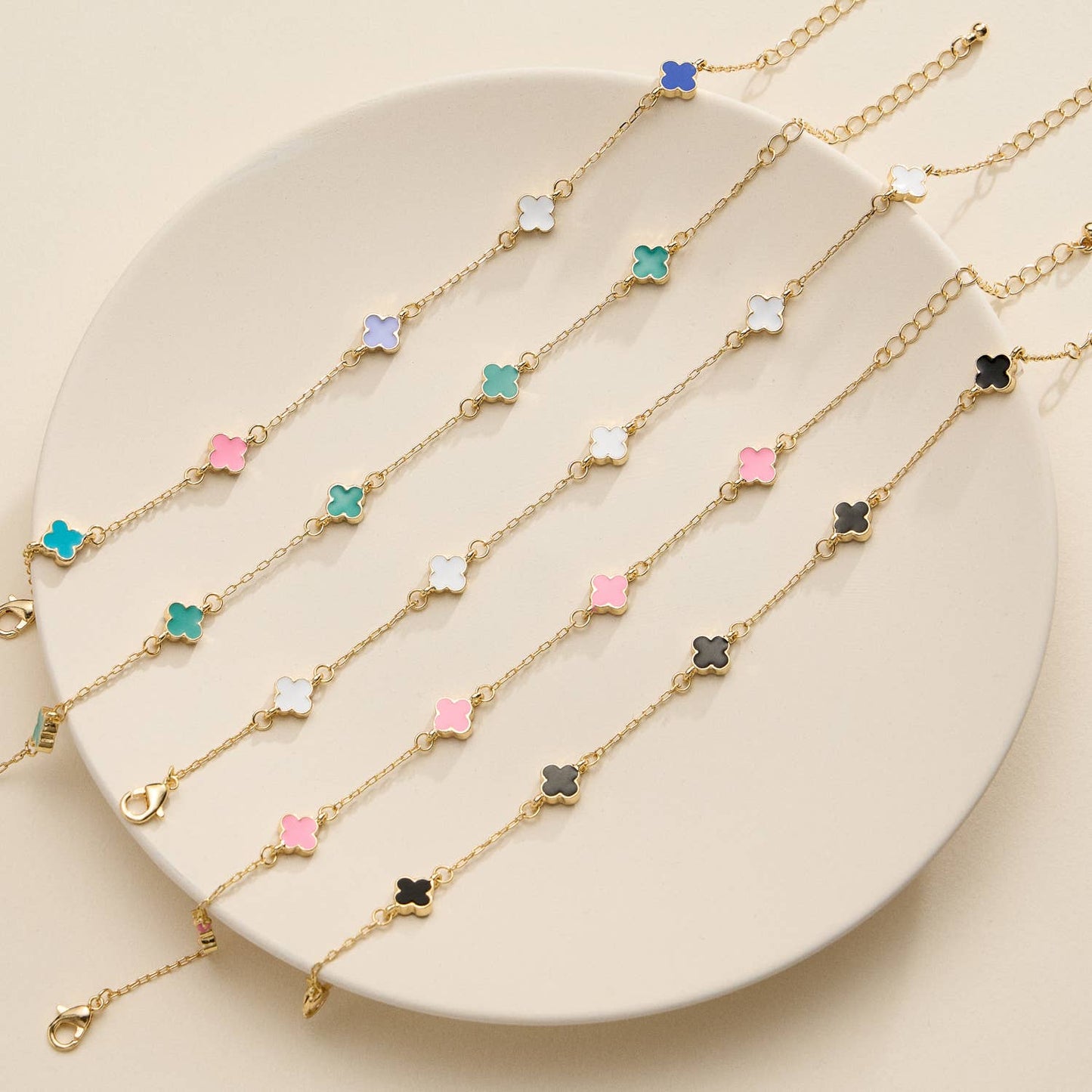 Gold Clover Charm Bracelet with Enamel Accents: Multicolor