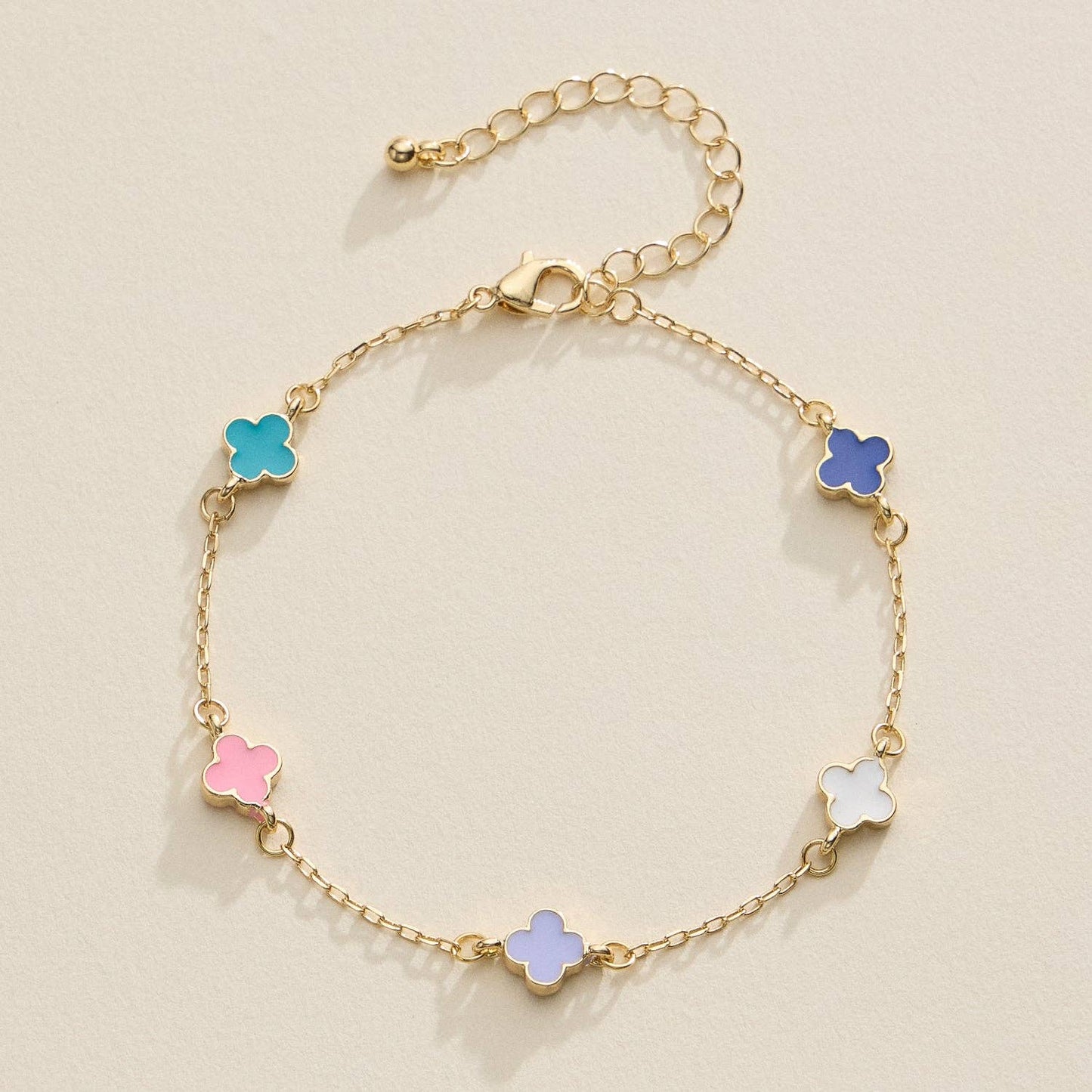 Gold Clover Charm Bracelet with Enamel Accents: Multicolor