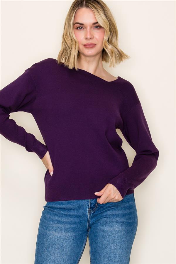 Asymmetric Neck Sweater - Eggplant