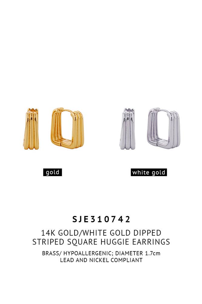 14K Striped Square Huggie Earrings: White Gold