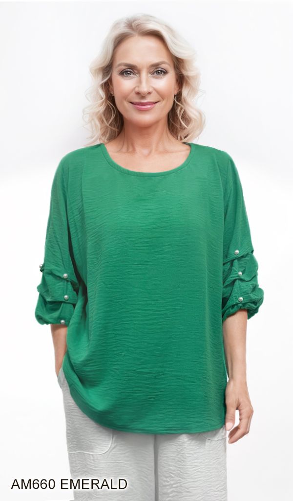 Wrinkle Textured Top w/ Pearl Detail