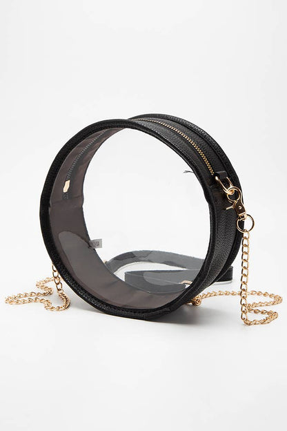 Solid Color Trim Clear Round Crossbody Bag: Black