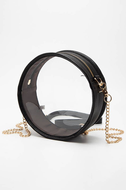 Solid Color Trim Clear Round Crossbody Bag: Black