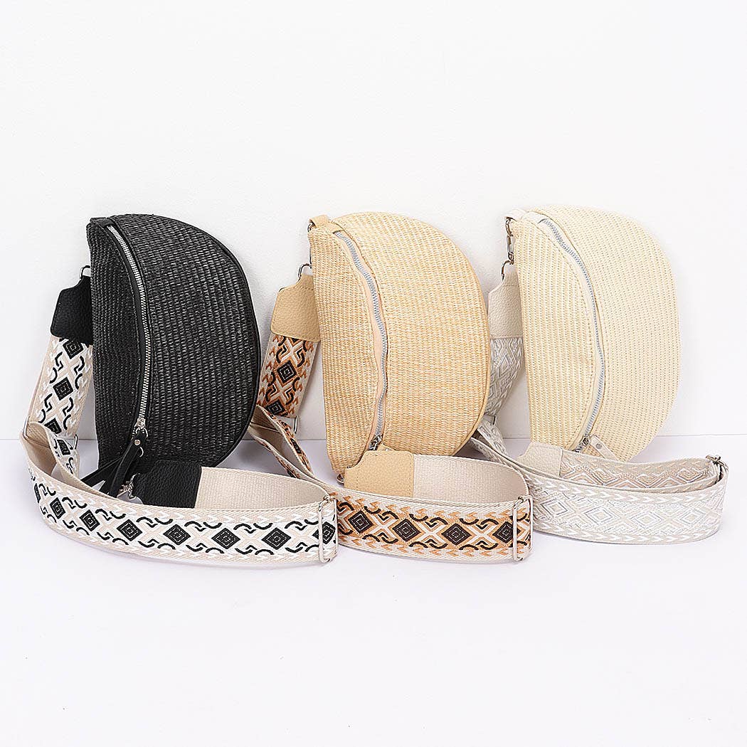 Faux Leather Wicker Crossbody Bag Belt: Black