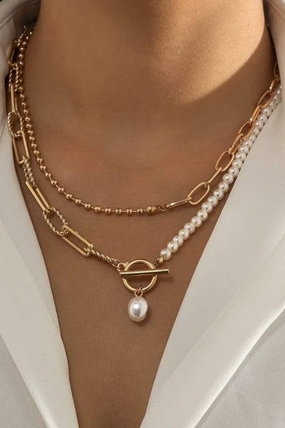 PEARL MIX DOUBLE LAYER TOGGLE NECKLACE: Gold