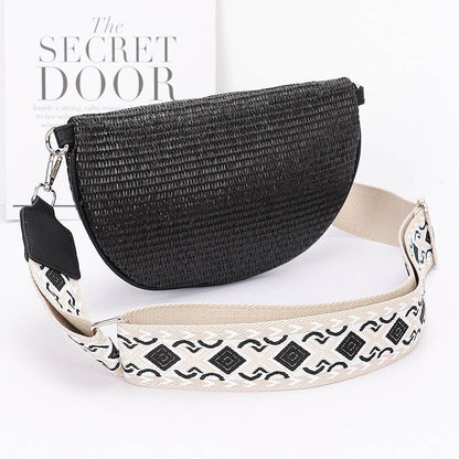 Faux Leather Wicker Crossbody Bag Belt: Black