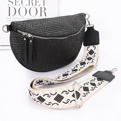 Faux Leather Wicker Crossbody Bag Belt: Black