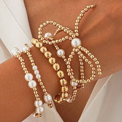 MULTI LAYER BALL CHAIN BEAD PEARL BOW BRACELET: Gold