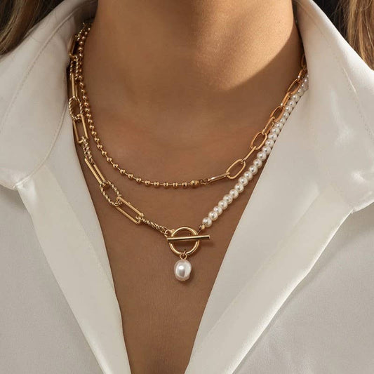 PEARL MIX DOUBLE LAYER TOGGLE NECKLACE: Gold