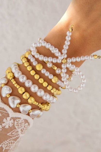 MULTILAYER BALL CHAIN BEAD PEARL BOW BRACELET: GOLD