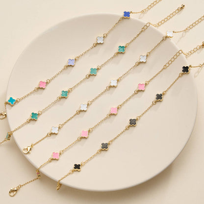 Gold Clover Charm Bracelet with Enamel Accents: Multicolor