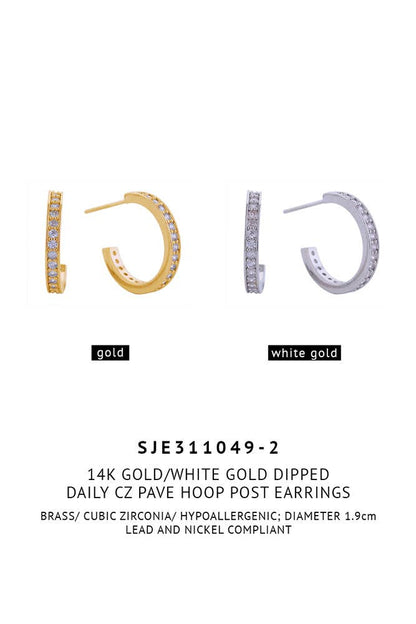 14K Daily CZ Pave Hoop Post Earring: Gold / 2.6 cm