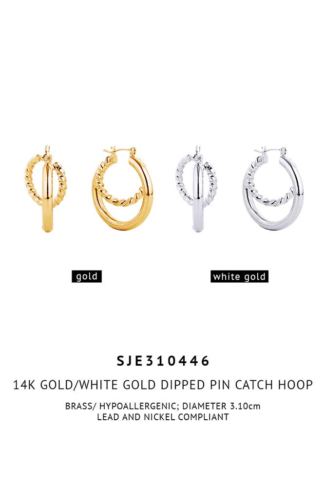 14K Gold/White Gold Dipped Pin Catch Hoop: Gold