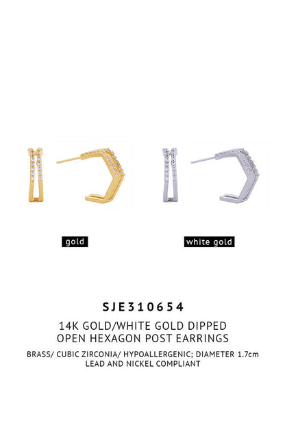 14K Open Hexagon Post Earrings: Gold