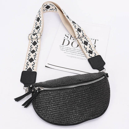 Faux Leather Wicker Crossbody Bag Belt: Black
