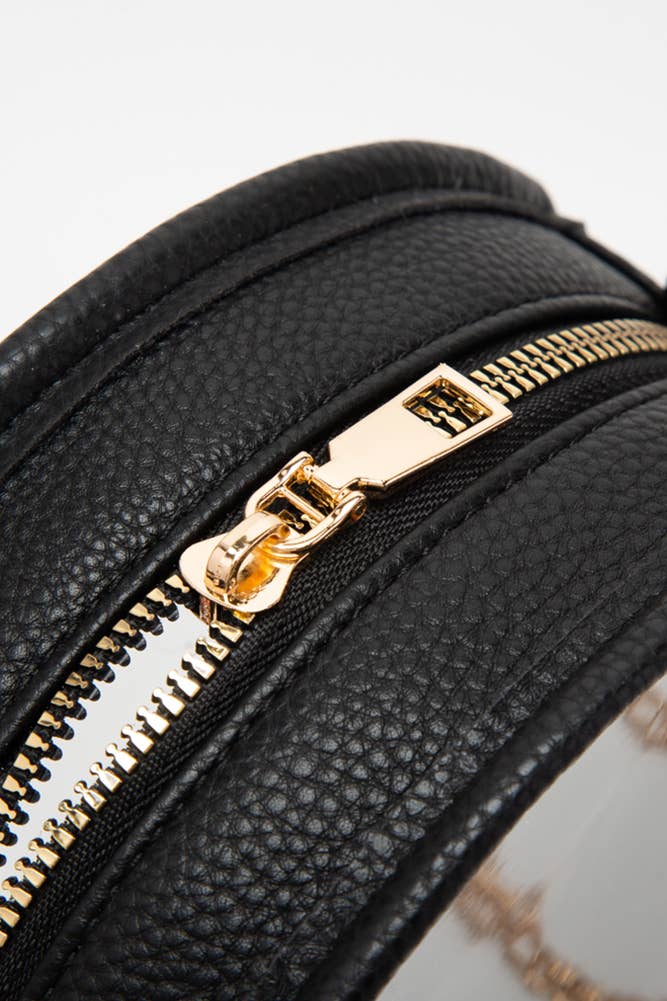 Solid Color Trim Clear Round Crossbody Bag: Black