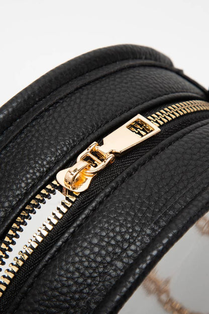Solid Color Trim Clear Round Crossbody Bag: Black