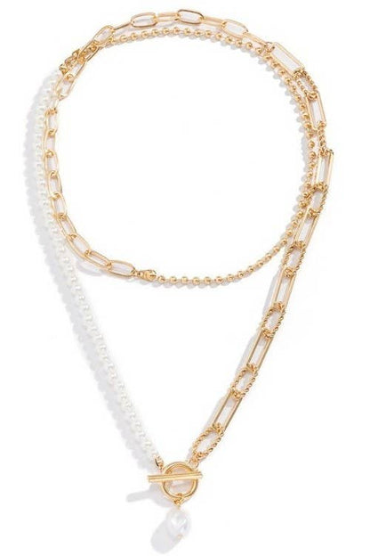 PEARL MIX DOUBLE LAYER TOGGLE NECKLACE: Gold