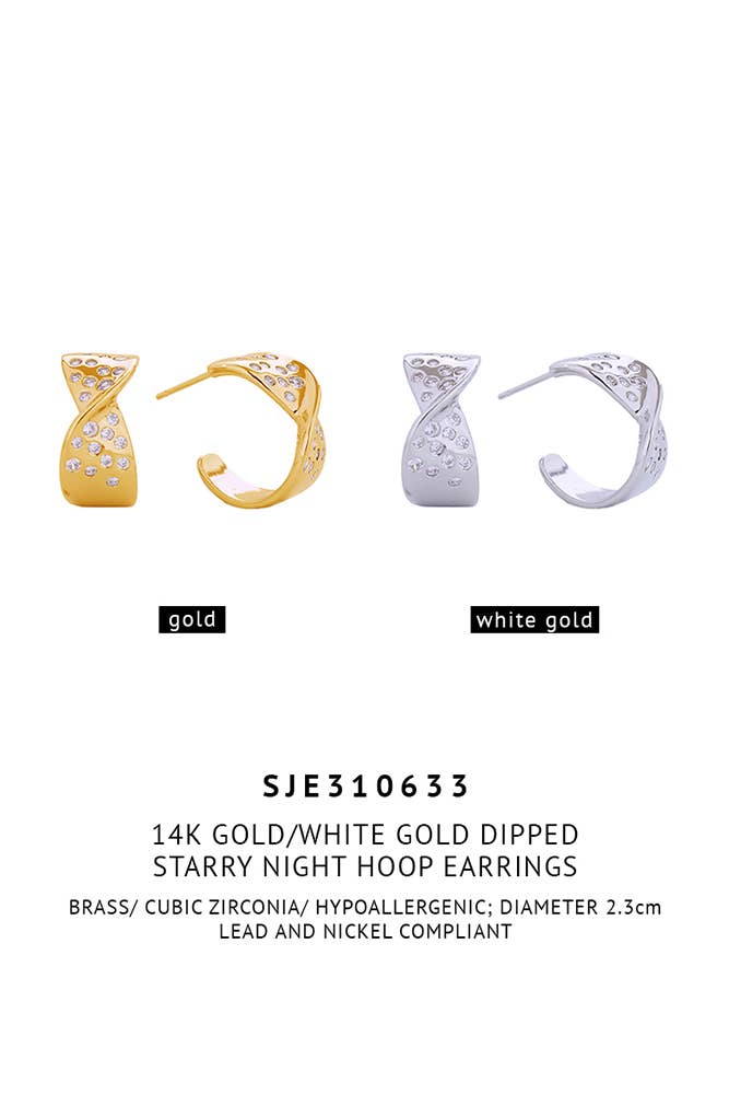 14K Starry Night Hoop Earrings: White Gold