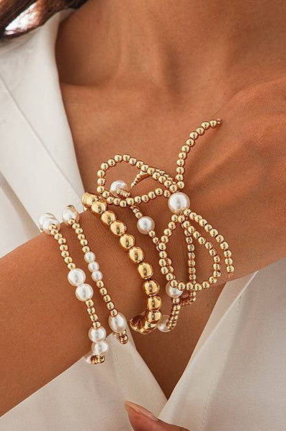 MULTI LAYER BALL CHAIN BEAD PEARL BOW BRACELET: Gold