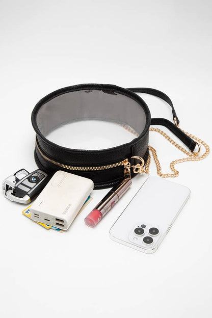 Solid Color Trim Clear Round Crossbody Bag: Black