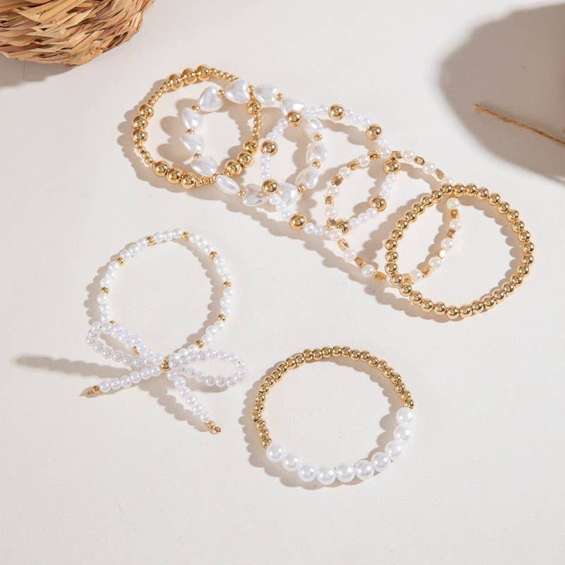 MULTILAYER BALL CHAIN BEAD PEARL BOW BRACELET: GOLD