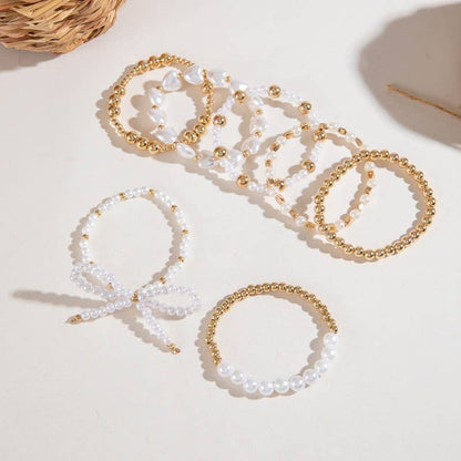 MULTILAYER BALL CHAIN BEAD PEARL BOW BRACELET: GOLD