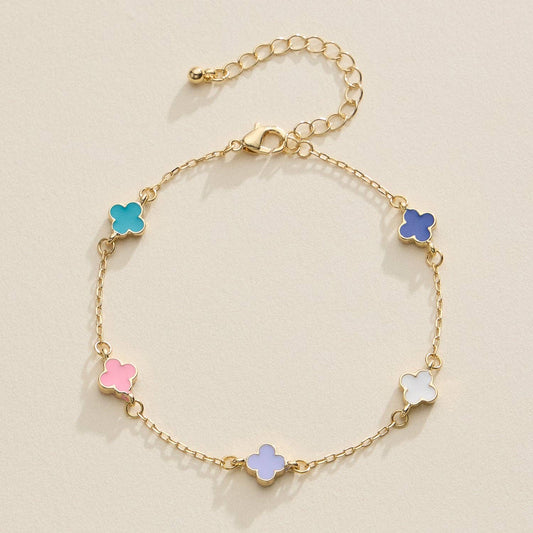 Gold Clover Charm Bracelet with Enamel Accents: Multicolor