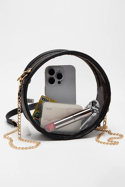 Solid Color Trim Clear Round Crossbody Bag: Black