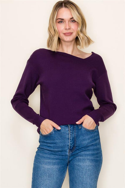 Asymmetric Neck Sweater - Eggplant