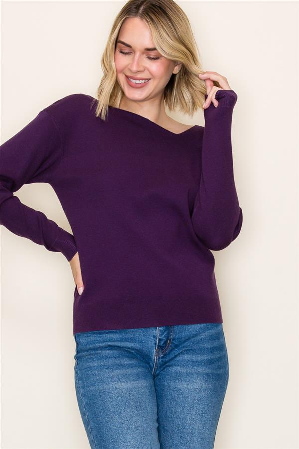 Asymmetric Neck Sweater - Eggplant