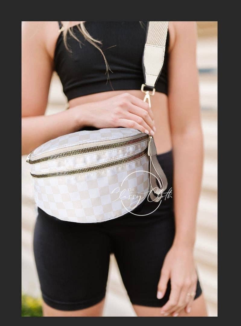 Fanny Pack Sholder Sling Bag - Beige Checkered