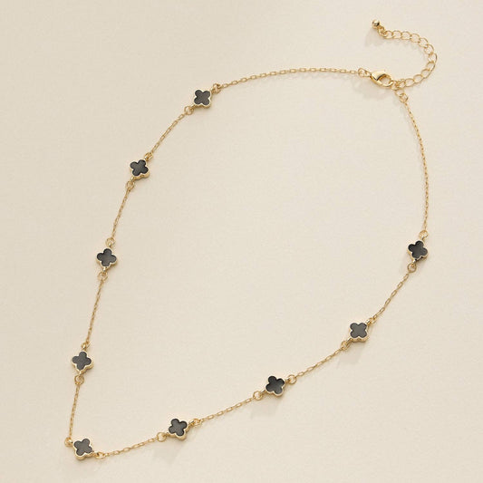 Enamel Clover Station Necklace: Black