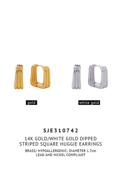 14K Striped Square Huggie Earrings: White Gold