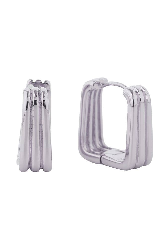 14K Striped Square Huggie Earrings: White Gold