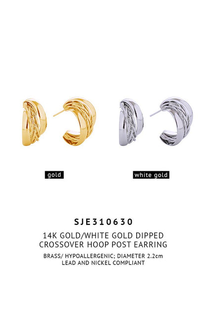 14K Crossover Hoop Post Earrings: Gold