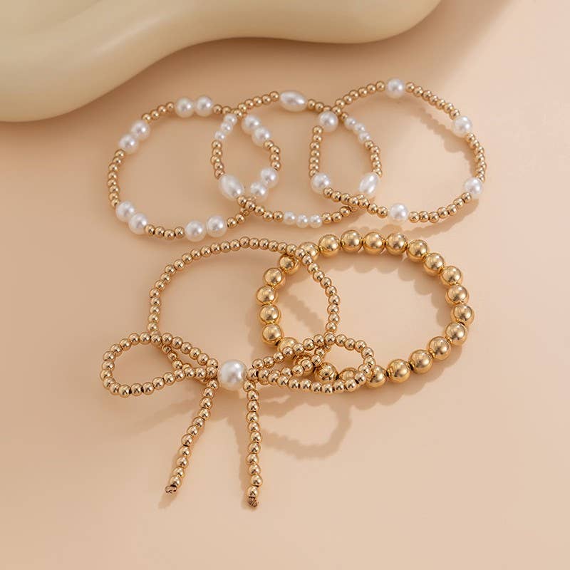MULTI LAYER BALL CHAIN BEAD PEARL BOW BRACELET: Gold