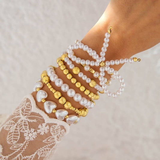 MULTILAYER BALL CHAIN BEAD PEARL BOW BRACELET: GOLD