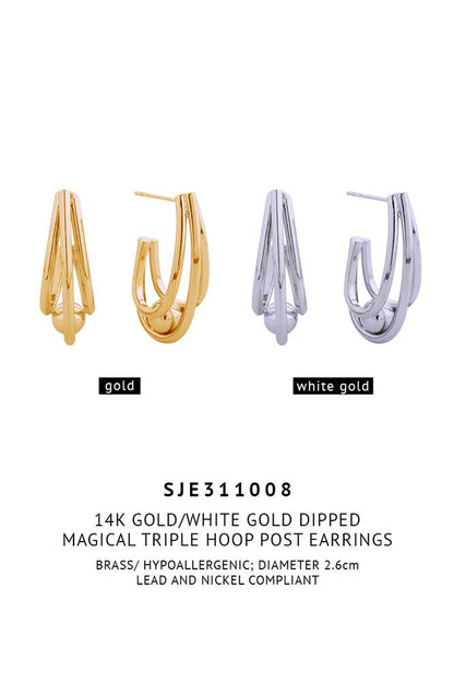 14K Magical Triple Hoop Post Earrings: Gold