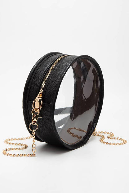 Solid Color Trim Clear Round Crossbody Bag: Black