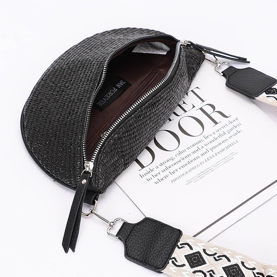 Faux Leather Wicker Crossbody Bag Belt: Black