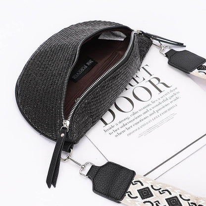 Faux Leather Wicker Crossbody Bag Belt: Black
