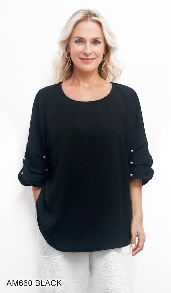 Wrinkle Textured Top w/ Pearl Detail
