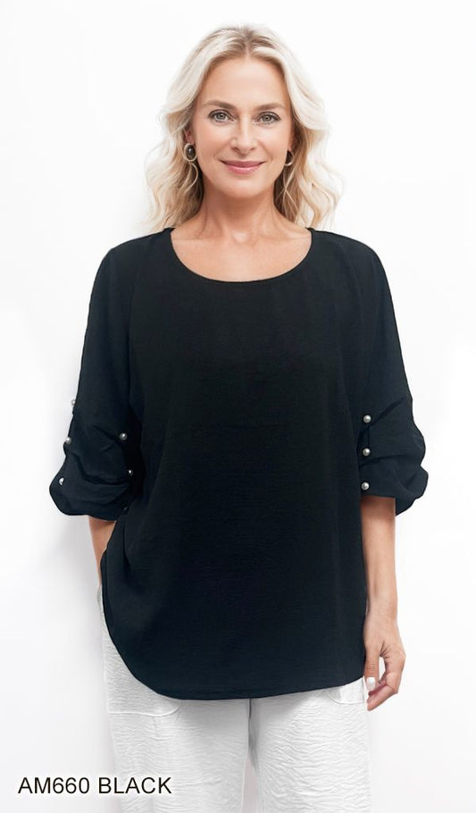 Wrinkle Textured Top w/ Pearl Detail