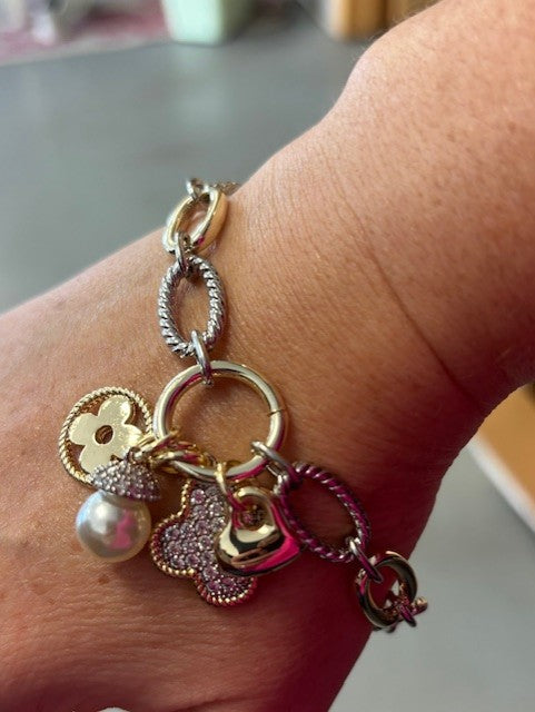 Two Tone Link with Multi Pendant Bracelet