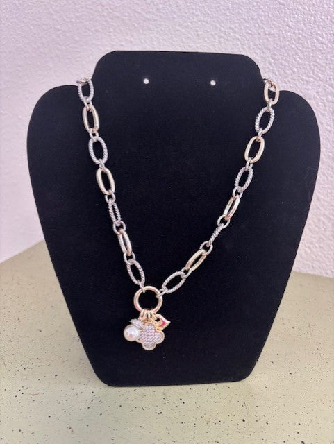 Two Tone Links with Multi Pendant Necklace